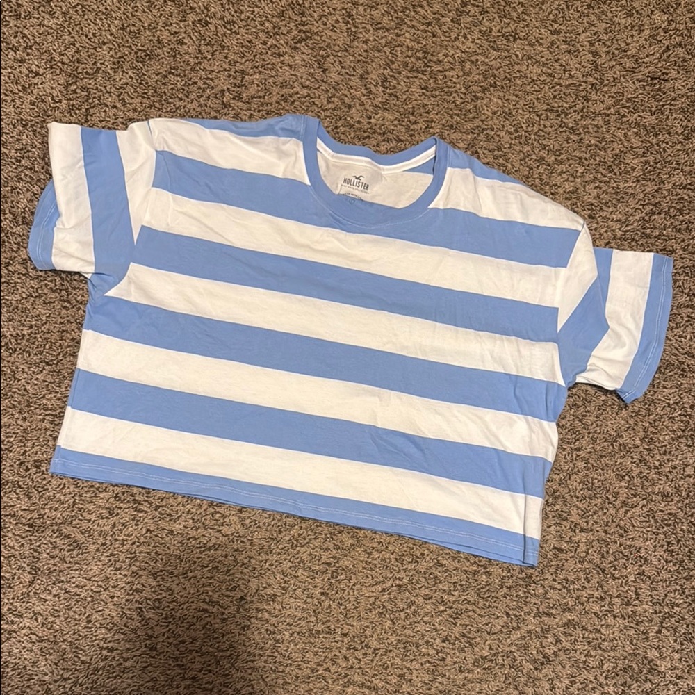 Hollister Blue and White Crop Top with Stripes
